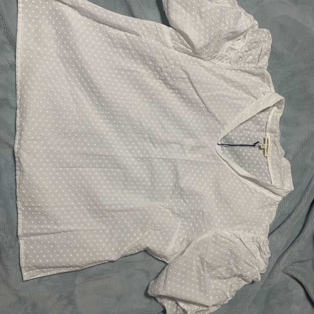 White Swiss Dot Puff Sleeve V-Neck Top